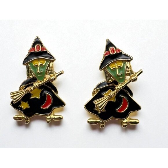 Halloween Witch Front Back Earrings Gold Tone Enamel Green Face Whimsical - Picture 1 of 6